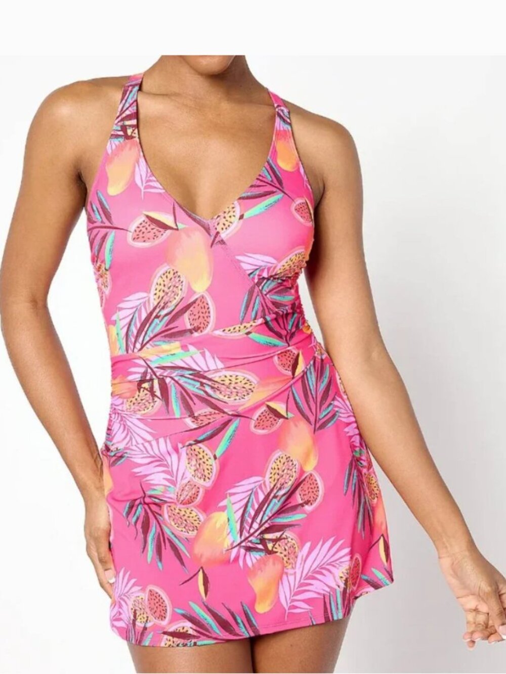 D & Co Fruit Papaya Print Beach V-Neck Ruched Swim Dress Tropical QVC 12